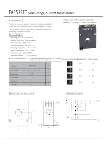 Transformateur de courant TA3523FT multi-gamme variable réglable de 10A à 70A sortie 2.2V