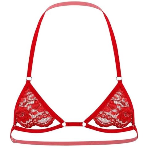 Men Sissy Lace Bra Bralette Tops Crossdresser Gay Underwear Strap Girly Halter Sexy Lingerie Sleepwear Nightwear (One Size, Red 2) Cover