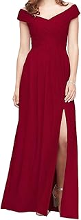 Damen Abendkleid, schulterfrei, lang, Chiffon, seitliche Schlitze, Brautjungfernkleid Gr. 40, dunkelrot