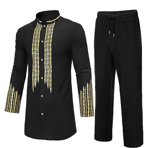 Muslim Clothes for Men 2 Piece Set Mens Casual Long Sleeve Kaftan Thobe Henley Shirts + Pants Muslim Gown Shirt Set2