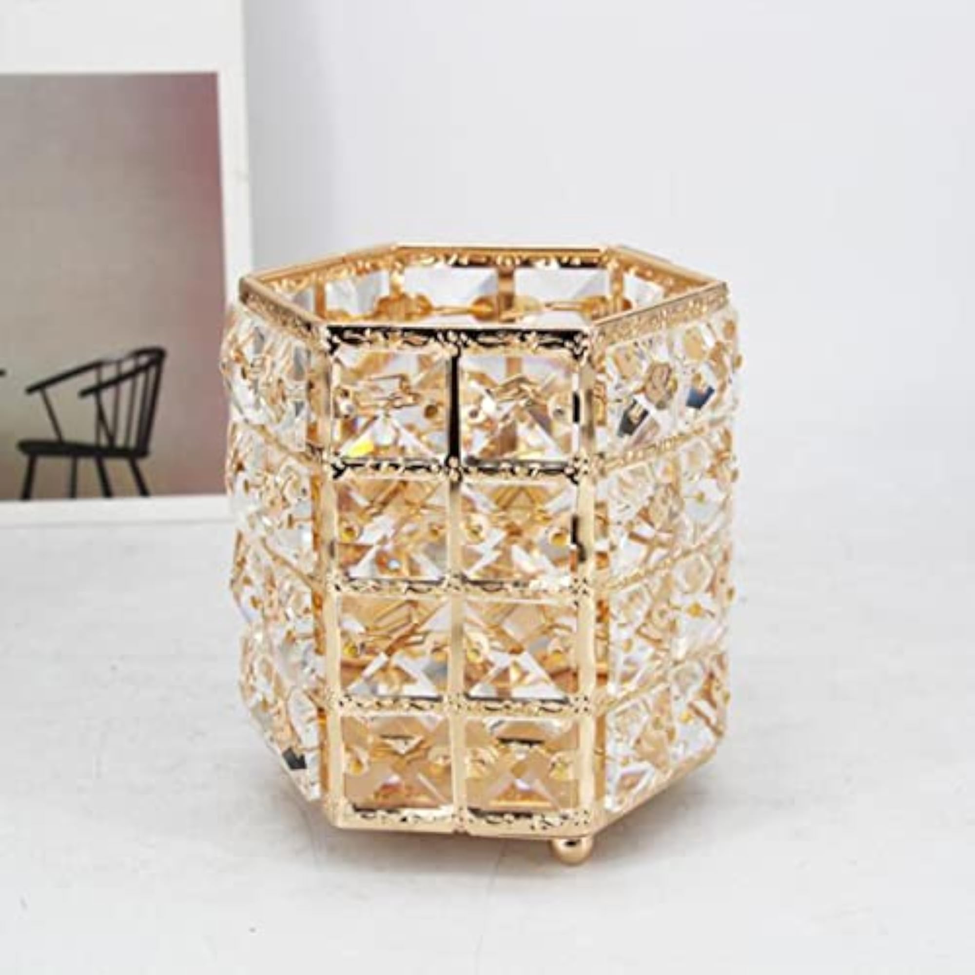 Crystal Makeup Brush Holder, Gold Storage Box