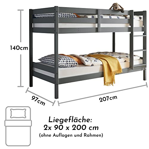 Stella Trading CASPER Modernes Hochbett mit Leiter und zwei Liegeflächen 90 x 200 cm - Platzsparendes Kinder Etagenbett teilmassiv Kiefer, Grau - 97 x 140 x 207 cm (B/H/T)