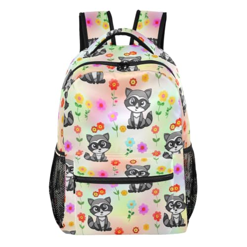 Sac à dos raton laveur et fleurs pour l'école et sorties de loisirs