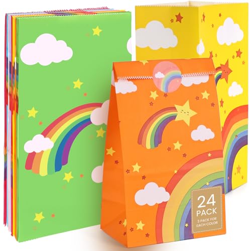 VGOODALL 24PCS Rainbow Party Favor Bags, Small Gift Bags with Stickers for Birthday, Baby Shower, Party Supplies