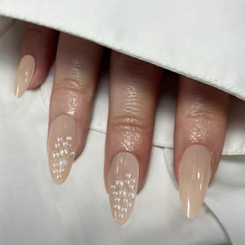 IQXGE Acrylic Press on Nails Almond Medium Glossy Nude False Fake Nails Press ons Full Cover Artificial Stick on Nail with White Pearls Design Fake Nail 24Pcs Reusable for Women IQXGE Acrylic Press on Nails Almond Medium Glossy Nude False Fake Nails Press ons Full Cover Artificial Stick on Nail with White Pearls Design Fake Nail 24Pcs Reusable for Women