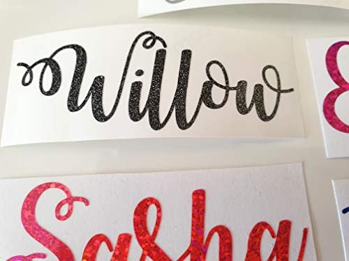 Curly Glitter Personalised Vinyl Name Stickers 3 cm Height Beautiful Colours. Perfect for Bottles, Weddings and Other Events, Label Decal