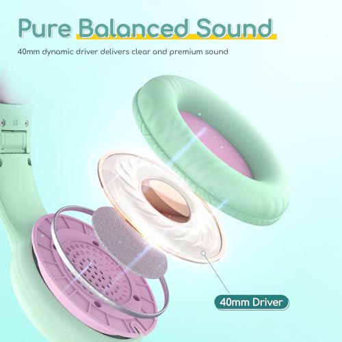 Image of EarFun Kids Headphones with Mic for Boys /Girls, Over Ear HD Wired Headphones for Children, 85 /94dB Volume Limiter, Sharing Port, Foldable On Ear Headsets for School /Pad /PC /Travel (Green&Violet)
