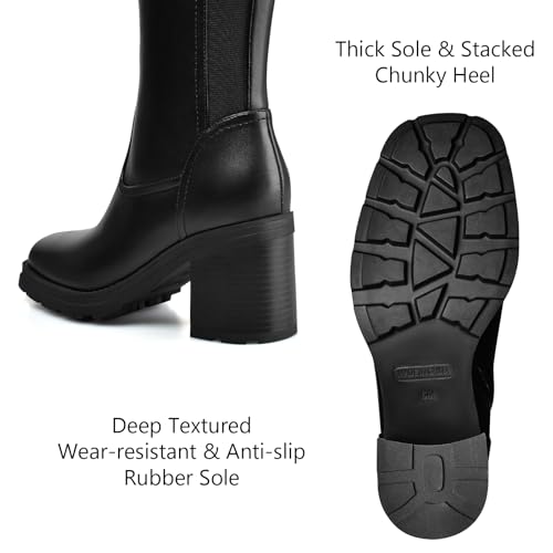 Knee High Boots Women, Stretch Calf Platform Lug Sole Long Boots, Square Toe Chunky Heel Tall Boots with side Zipper3