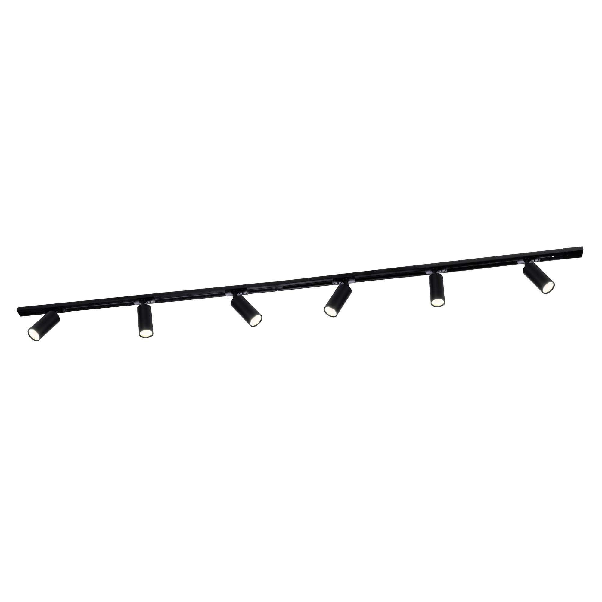 Ledvion - Sistema de rieles iluminacion, 2m, Carril Monofasico, 3W, Negro, 2700K, 6x Foco de techo Orientable GU10, Lampara techo, plafon led techo cocina, luces led, focos led interior techo
