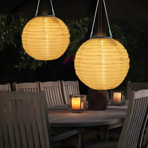 Auting solar lampions außen wetterfest, 2 Stück 20cm Solarlampen für außen hängend, Nylon lampions solar outdoor für Garten, Terrasse, Hochzeit, Fest Deko(Warmweiß)