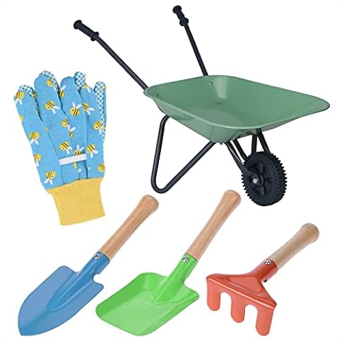 idooka Kids Gardening Set 5pc for Children Aged 3+ - Gardening Gifts for Kids/Gardening Kit w/ Gardening Gloves (Blue w/ Bees) Spade, Rake, Trowel, Wheelbarrow - Educational Toys/Garden Toys Cover