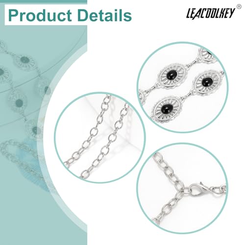 Image of LEACOOLKEY Women Turquoise Concho Chain Waist Belt Silver Western Cowgirl Metal Chain Belt for Dress Adjustable