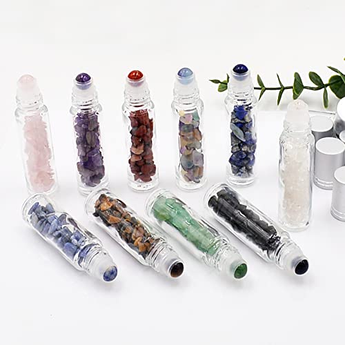 fengshuisale Essential Oil Roller Bottle EVA Carrying Travel Case and 10pcs Essential Oil Gemstone Roller Ball Bottles Frosted Glass Inside 10ml Healing Crystal Chips W3475