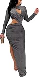Women's Sexy Long Sleeve Ruched Slit Gown Crewneck Cut Out Sparkly Long Bodycon Maxi Dresses Club Ni