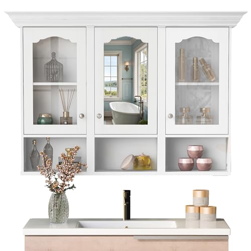 Merax Bathroom Wall Cabinet with Mirror, Wall Mounted Medicine Cabinet with Glass Doors, Adjustable Shelves and Open Spaces, 48