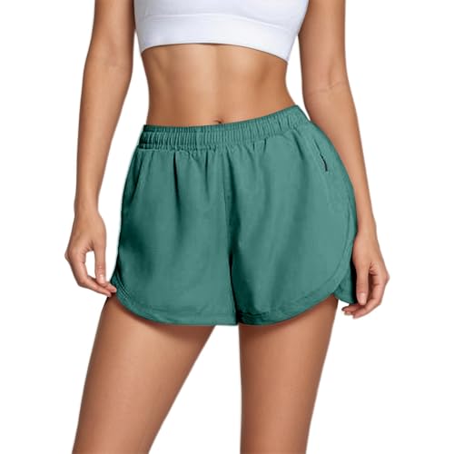 Pantalones Cortos Deportivos 2 En 1 Mujer Verano Pantalones Cortos De Deporte para Mujer con Bolsillo De Verano Mallas Ligero Transpirable Forro Interior Short Running Cintura Alta (Green-1, M)