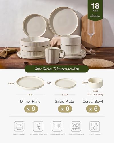 Image of Famiware Star 18-Piece Stoneware Plates and Bowls Sets, Service for 6, Ceramic Dinnerware with Trim, Modern Rustic Dishes for Everyday /Formal, Chip /Scratch Resistant, Microwave /Dishwasher Safe, White