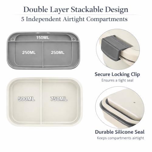 Image of YELONA Lunch Box for Office & Kids 1900ML | Double Layer Leakproof Bento Box with 5 Compartments | Microwave Safe, Built-in Spoon & Fork, BPA Free Tiffin Box - Grey