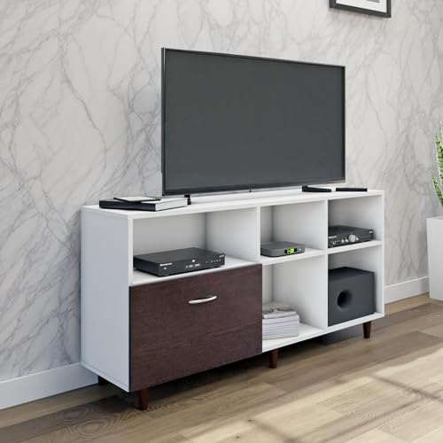 Image of VIKI Modern TV Unit for Living Room | Engineered Wood TV Cabinet with 1 Drawer Storage & 3 Open Shelves, Entertainment Unit, 140W x 74H x 40D cm | DIY | 1 Year Warranty (White & Wenge)