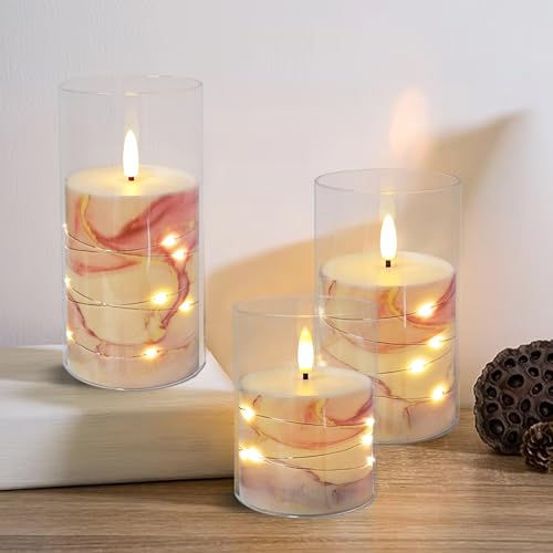 Image of Flickering Flameless Candles Pink Marble Embedded Star String Lights, Battery Operated Acrylic LED Pillar Candles with 11-Key Remote and Timer for Home Decoration, 3 Pack