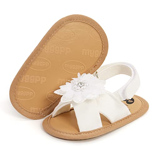 Ohwawadi Baby Girl White Sandals Mary Jane Flats Soft Sole Floral Princess Christening Baptism Wedding Dress Shoes With Headband For Newborns, Infants #TOP4