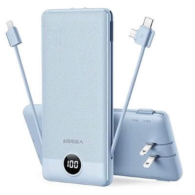 VEGER Portable Charger Power Bank with Built-in AC Plug and Cables, All in One 10000mAh Ultra Slim Travel Essentials, Fast Charging Battery Pack Compatible with iPhone, Samsung, Android (Blue)