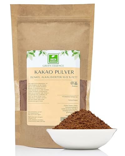 Dunkles Kakaopulver 1kg von Green Essence Kakao ohne Zucker Alkalisiert - 100% Backkakao ungesüßt fettreduziert 10% 12% Fett - ohne Konservierungsstoffe und Zusatzstoffe (1000g)