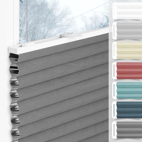 bobodeco Wabenplissee Plissee ohne Bohren Verdunkelung Klemmfix Thermo Verdunklungsplissee, Grau-Weiß 80x120 cm(BxH), 100% Verdunkelnd & Sicht- & Schallschutz, Wärmeisolierung für Fenster & Tür
