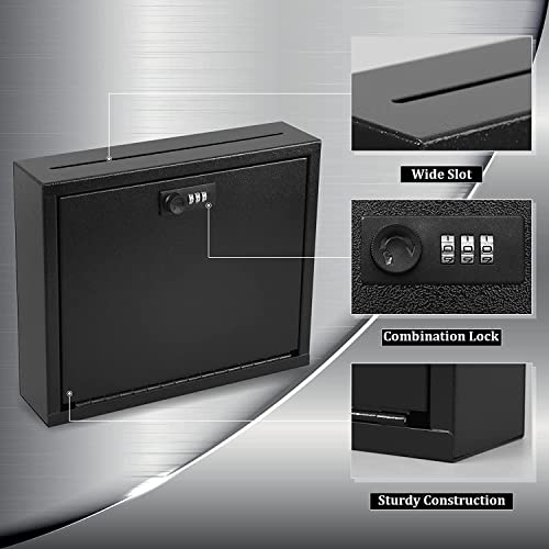 Dalmbox Suggestion Box With Lock Wall Mounted, Drop Box With Combination Lock, Steel Donation Box Collection Box With 50 Suggestion Cards For Office, 12”L X 3”W X 9.8”H, Black #TOP3