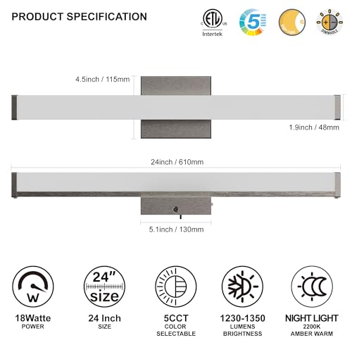 Image of 24 Inch Bathroom Vanity Light Fixtures with Night Light: Long Square Wall Mounted LED Lighting Bar over mirror with 5CCT & 2200K Color Changing, 120V, 1230-1350lm, ETL, Brushed Nickel, 2-Pack