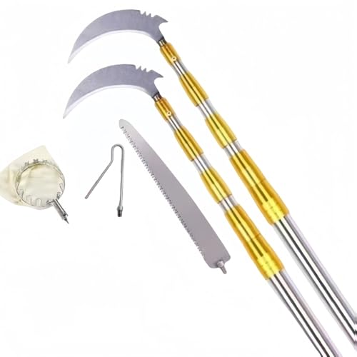 Olymo果物狩りアーティファクト 高所収穫 軽量 コンパクト ステンレス 鎌 多機能 ツール リンゴ摘み 枝切り 用 キャンプ 耐久性 草刈り ピッキングツール (2.5M,イエロー)