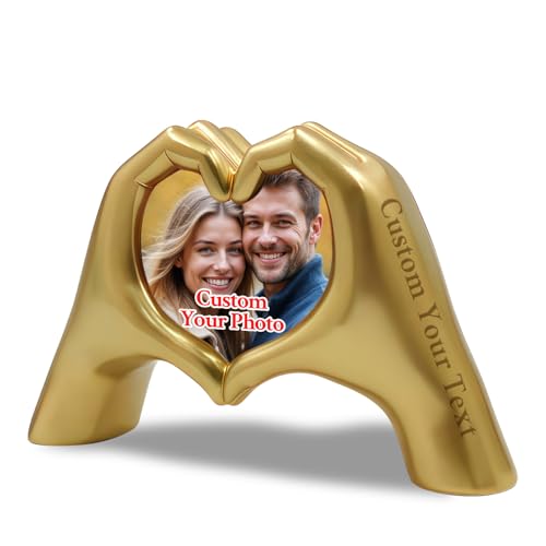 ZEXUPER Escultura personalizada de manos de corazón dorado, marco de fotos personalizado con texto grabado, regalo personalizado único para parejas, regalos para aniversario, boda, Navidad