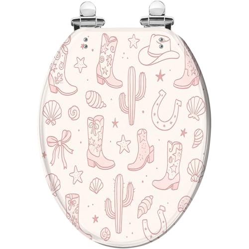 Elongated Toilet Seat Pink Coastal Cowgirl Seamless Pattern Western Beach Girly Cowboy Resin Toilet Seat Quietly Close Quick Release Hinges with Cover Bumpers Decorative Easy to Install Clean
