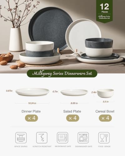 Image of Famiware Milkyway Plates and Bowls Sets, 12 Pieces Dinnerware Sets, Reactive Glaze Dish Set, Stoneware Dishes Set for 4, Matte Beige White & Matte Dark Charcoal