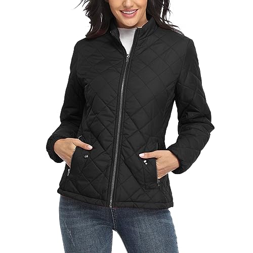 QWUVEDS Cotton Coat Long Sleeve Stand Collar Quilted Jacket - Casual Women's Warm Lightweight Outdoor Jacket Without Hood, Black, XL