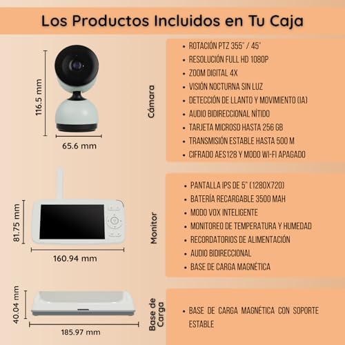 Cámara Vigilancia Bebé Full HD 1080P PTZ, Vigilabebés con Pantalla IPS de 5”, Audio 2 Vías, Detección de Llanto y Movimiento, Visión Nocturna, VOX, Modo Wi-Fi Apagado,Wi-Fi Remoto, Largo Alcance 500m - imagen 9