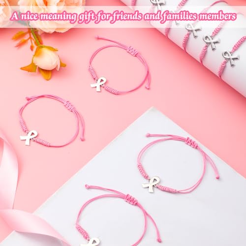 Sasylvia 20/50/100 Pcs Breast Cancer Awareness Bracelets Adjustable Cord Stretch Pink Ribbon Braided Bracelets Breast Cancer Gifts for Women2