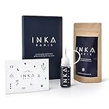 Composición del kit ✦ El kit contiene todo lo necesario para la realización de los tatuajes efímeros : una botella de 10ml de tinta para tatuajes temporales, 14 plantillas, una guía de usuario para un tatuaje temporal exitoso, una espátula y un guante.