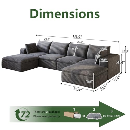 Image of 134 inch Cloud Couch Modular Sectional Sofa for Living Room, U-Shape Boneless Couch with Deep Seat, Modern Corduroy 4-Seater with Ottoman, No Assembly Required, Dark Grey