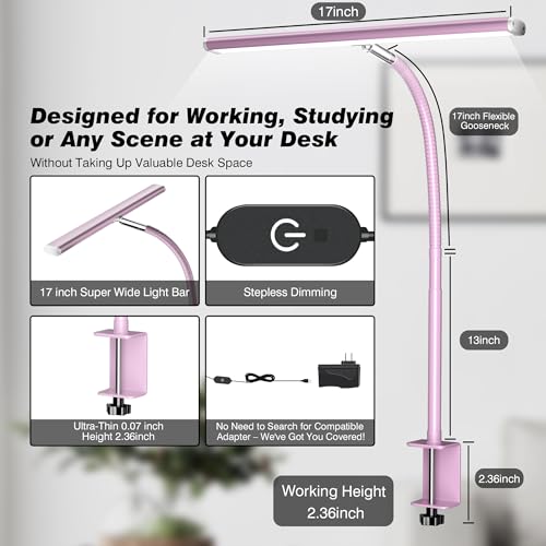 Image of Airlonv LED Desk Lamp for Office Home, Eye-Caring Desk Light with Stepless Dimming Adjustable Flexible Gooseneck, 10W USB Adapter Desk Lamp with Clamp for Reading, Study, Workbench (Pink)