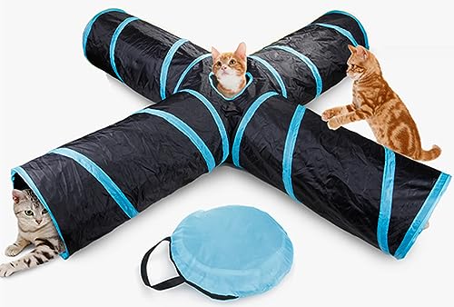 Tunnel per Gatti，Bunny tunnel,tunnel per gatti a 2 vie,giocattoli per animali domestici,conigli,cani,Animali Domestici, Gatto Adatto per Interni ed Esterni,crinkle pieghevole (Blu, 4 vie)