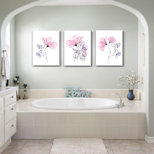 DZRWUBHS Frame Canvas Wall Art For Bedroom Wall Decor For Living Room Kitchen Wall Decoration Pink Flowers Wall Paintings Office Wall Pictures Print Artwork Room Mural Home Decor 16x24 3 Pieces