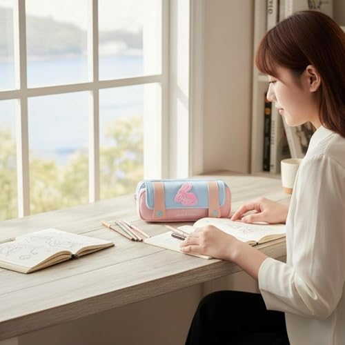 Image of Kawaii Cute Aesthetic Pencil Case for Students | Large Capacity Multi-Pocket Pencil Pouch with Zipper | Cartoon Stationery Organizer Bag for School, College & Office Supplies (LOVELY BUNNY - BLUE)