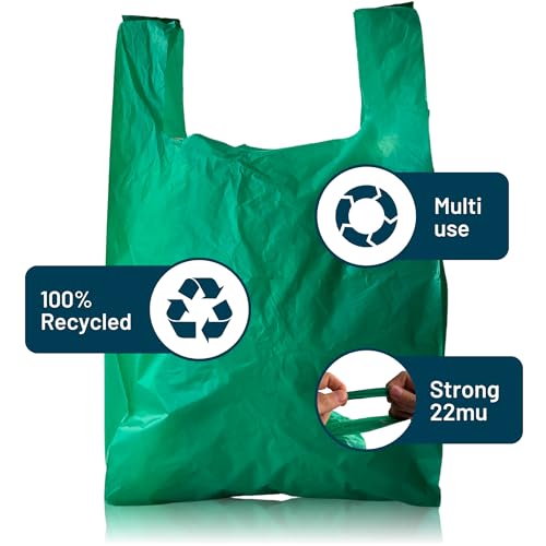 PWgoods 100% Recycled Plastic Carrier Bags, Green, Large 11 x 17 x 21, Heavy Duty 22mu, 100 Pack, Easy Tie Handles - Image 3