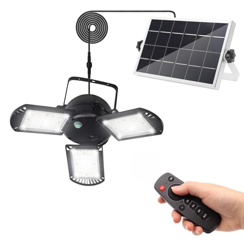 KUFUNG Solar Pendant Light with Adjustable Multi-Position Panels, Waterproof Solar lamp with Remote Control, for Garage, Deck, Fence, Patio, Shed, Tent(NO Sensor)