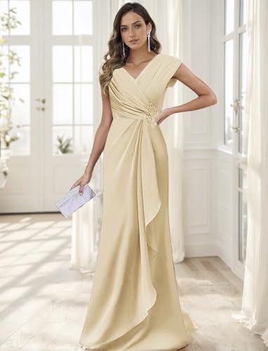 Mother of The Bride Groom Dresses for Women V Neck Cap Sleeve A Line Appliqued Long Length2