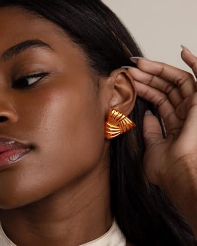 UANNEAU Rose Gold Chunky Earrings for Women Trendy, 14K Gold Plated Dainty Triangle Knot Earrings Statement Minimalist Hypoallergenic Stud Earrings — view 2