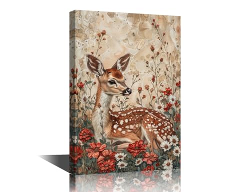 Toile de cerf colorée avec fleurs tableau deco mural animaux cadre bois 40cm