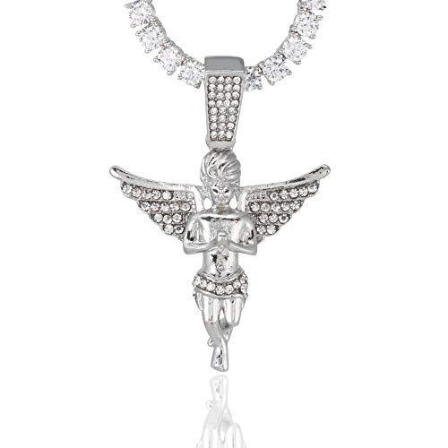Iced Out Angel Pendant With Wings In Silver Tone Religious Pendant + Chain Set - Simulated Lab Diamonds - Silver Tone 20" 4Mm Tennis Chain & 24" 4Mm Rope Chain #TOP1