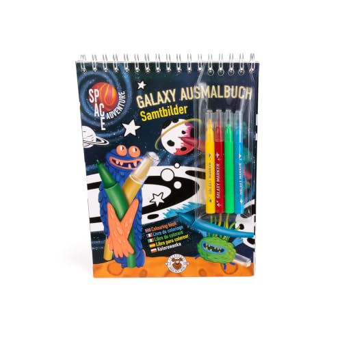 TRENDHAUS Space Adventure Galaxy 962300 - Libro da colorare a partire dai 4 anni, con 6 immagini in velluto, circa 19 x 15 cm, blocco da colorare con rilegatura ad anelli, incluso 4 pennarelli